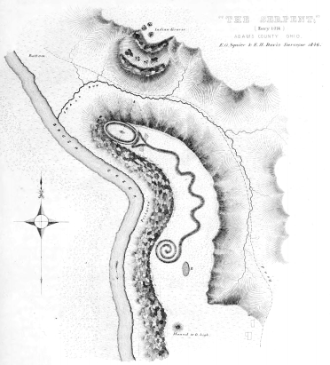 Map of Serpent Mound by Ephraim Squire and Edwin Davis, from Ancient Monuments of the Mississippi Valley, 1848