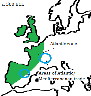 The areas of increasing contact between the Atlantic and Mediterranean zones