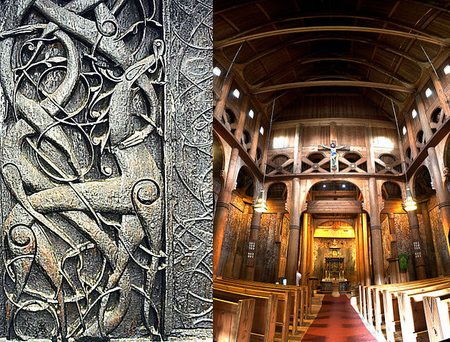 Detail of portal carving at Urnes stave church, photograph by Nina Aldrin Thune via Wikimedia (Urnes, Norway; 12th c.; wood carving); Interior of Heddal stave church, photograph by Christian Barth via Wikimedia (Heddal, Norway; 13th c.)