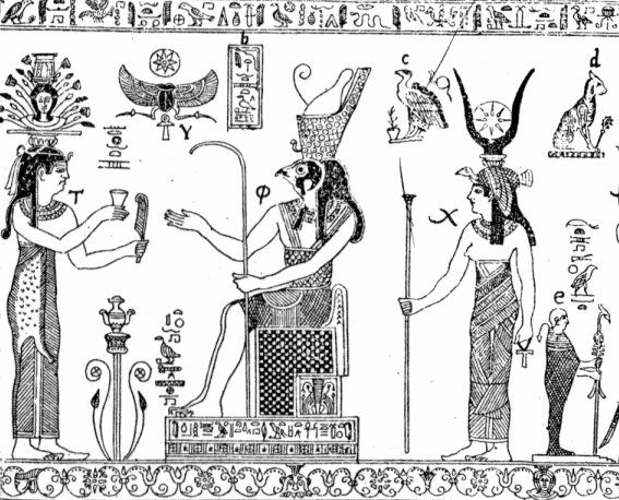 Etching of the Bembine tablet by Athanasius Kircher, photograph by Fuzzypeg via Wikimedia (Museo Egizio, Rome; 1st c. CE; etching of polymetalic original)